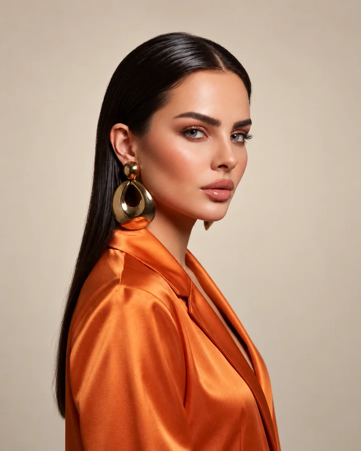 Dina, founder and lead bridal makeup artist, in an orange blouse
