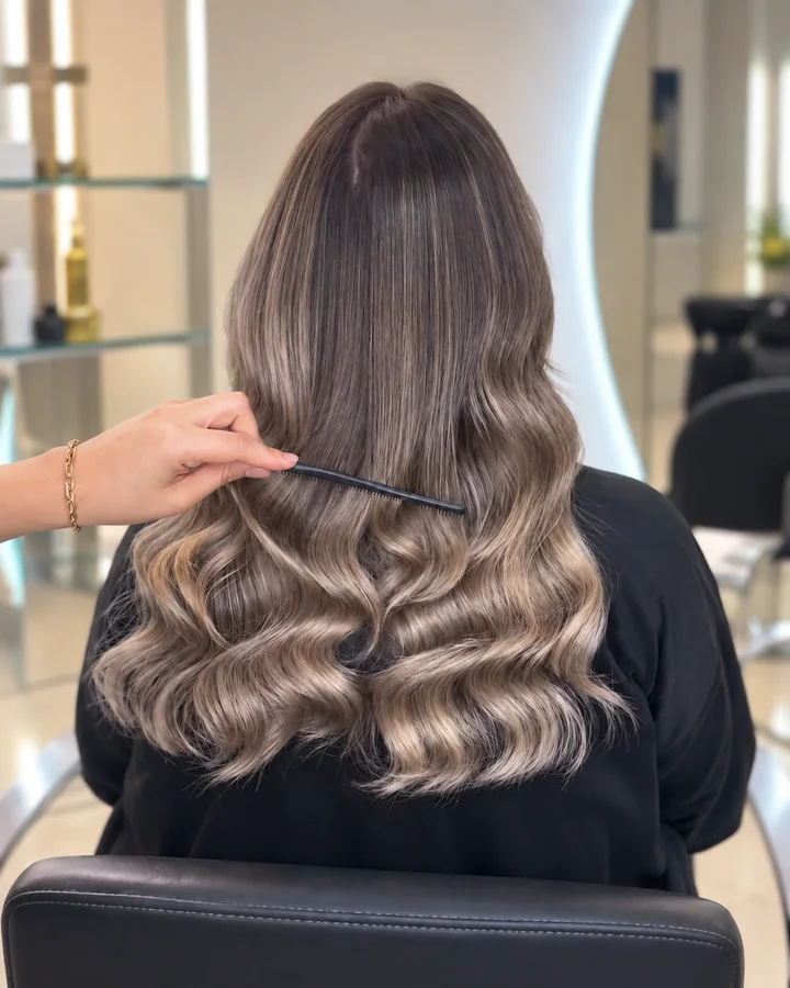 Cool blonde waves with a dark root blend at Dina Beauty Center