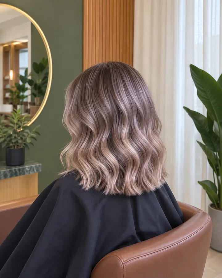Generated hairstyle illustration of cool ash waves in a salon setting