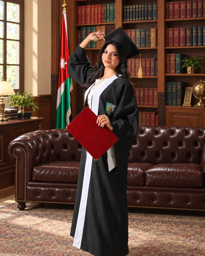 Graduate in a black gown holding a red diploma folder