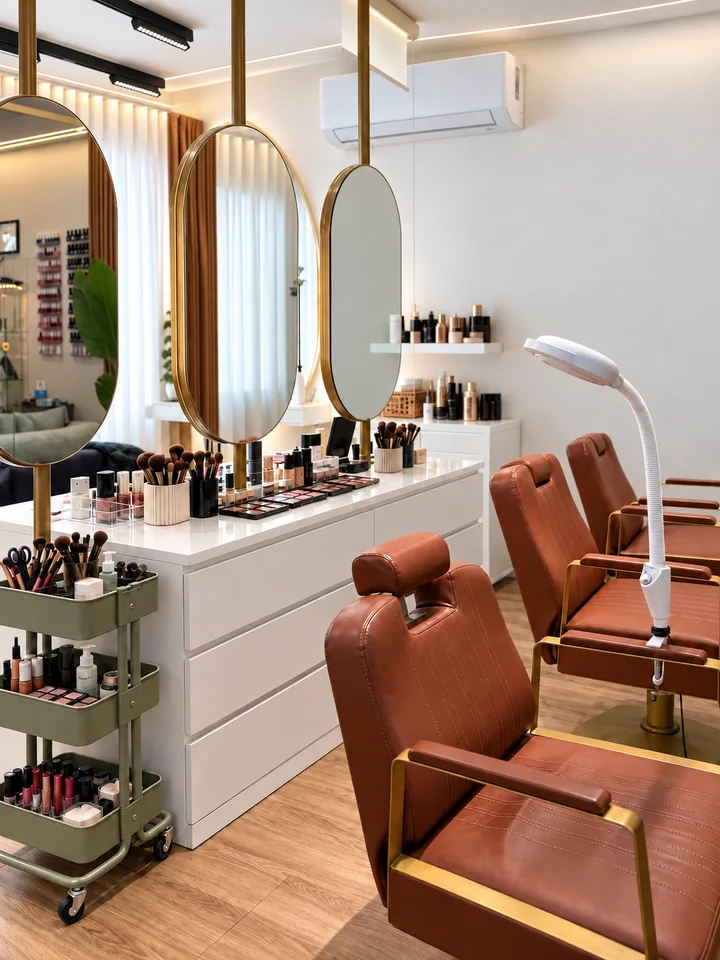 Brown salon chairs and gold-framed oval mirrors at Dina Beauty Center