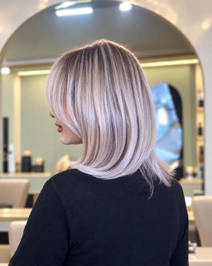 Cool pearl silver bob hair colour at Dina Beauty Center