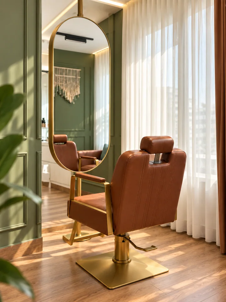 Illustrative styling-station view inspired by Dina's cognac chairs, gold oval mirrors and olive paneling